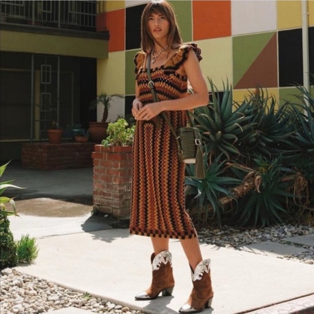 Zara Brown Midi Ruffle Crochet Dress Size Small